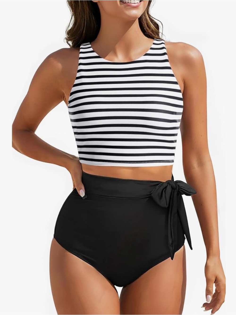 High-Neck Black & White Stripe Two-Piece Swim Set
